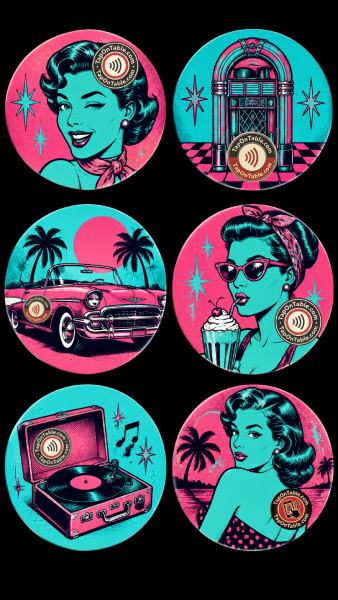 Retro pop-art tarzında altı TapOnTable örnek bardak altlığı tasarımı
